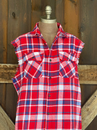 Coors Banquet Rodeo Sleeveless Flannel- Red/White/Blue Plaid